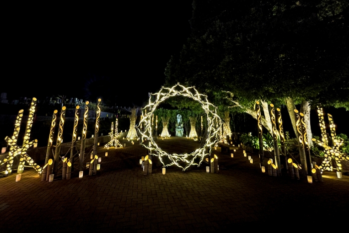 写真：竹細工の献灯が夜の霊園に並んでいます