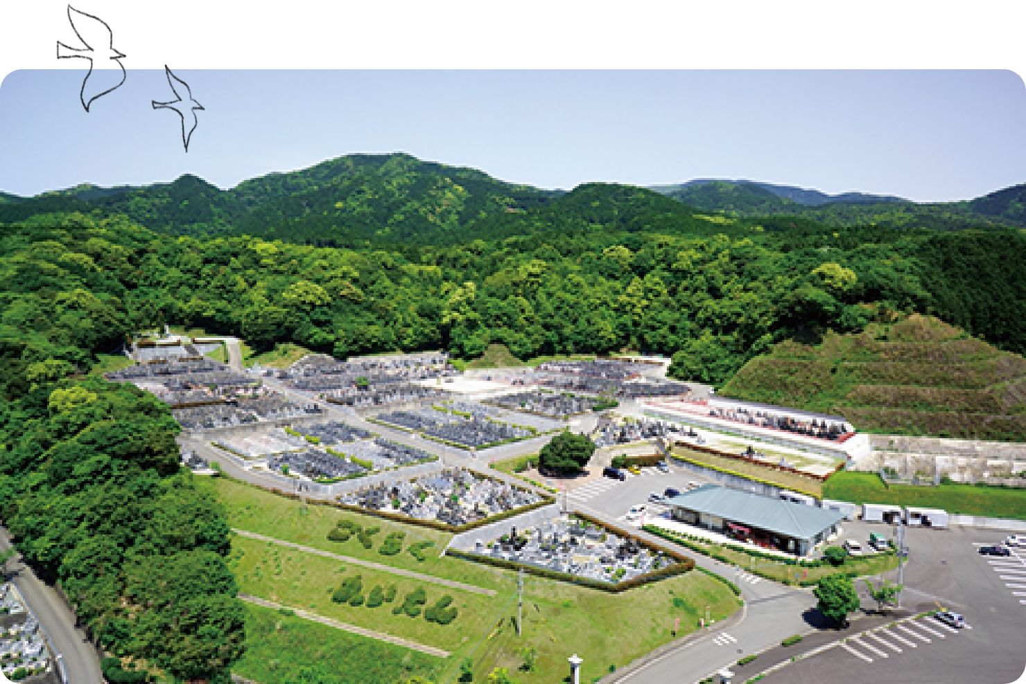 写真：霊園の全景。山の緑に囲まれた平坦な区画です。