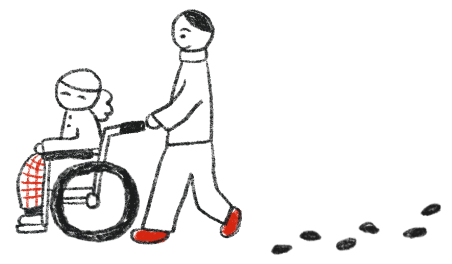 イラスト：車椅子を押している墓参者