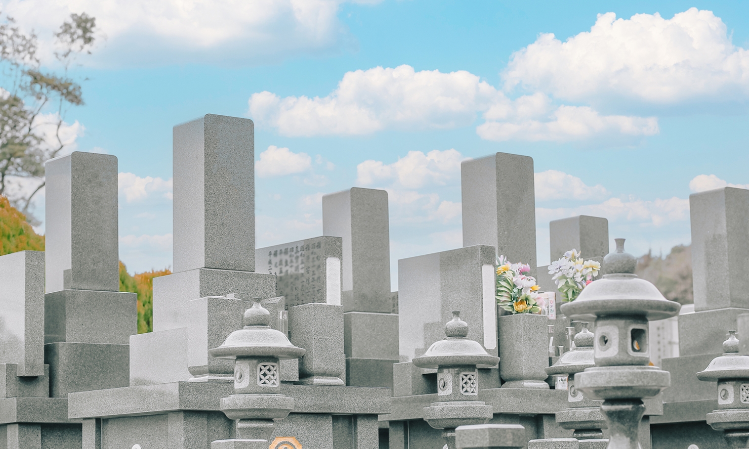 写真:青空を背に並んだお墓