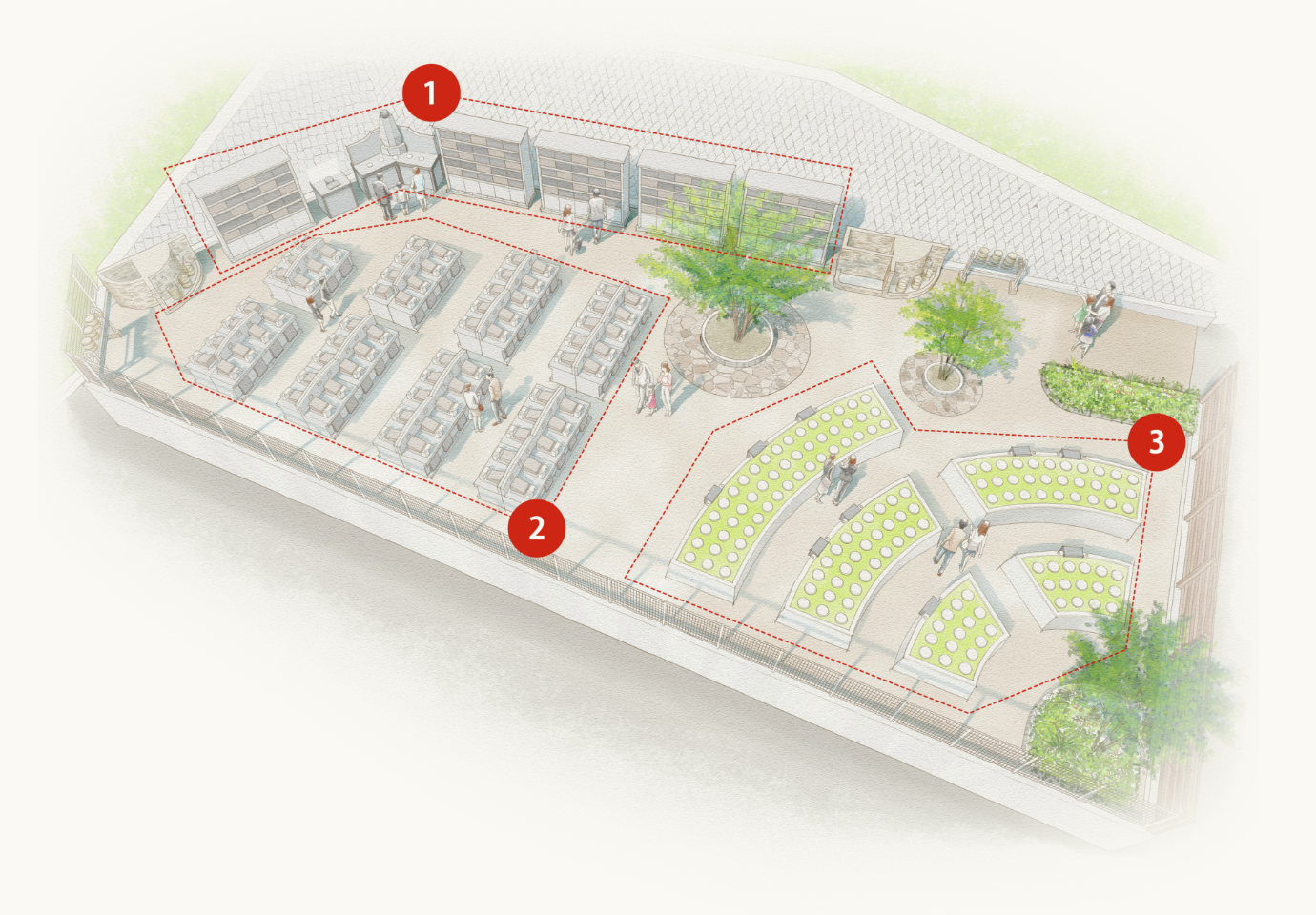 区画図：園内通路側に1のエリア。区画の中央に木があり、左右に2と3のエリアがあります。