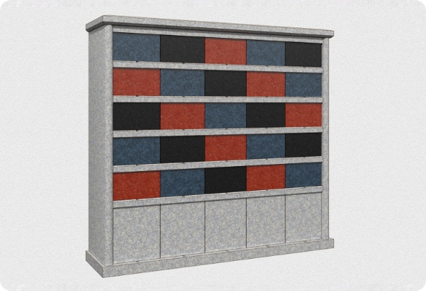 イラスト：黒、赤、青の扉のついた棚のような納骨壇